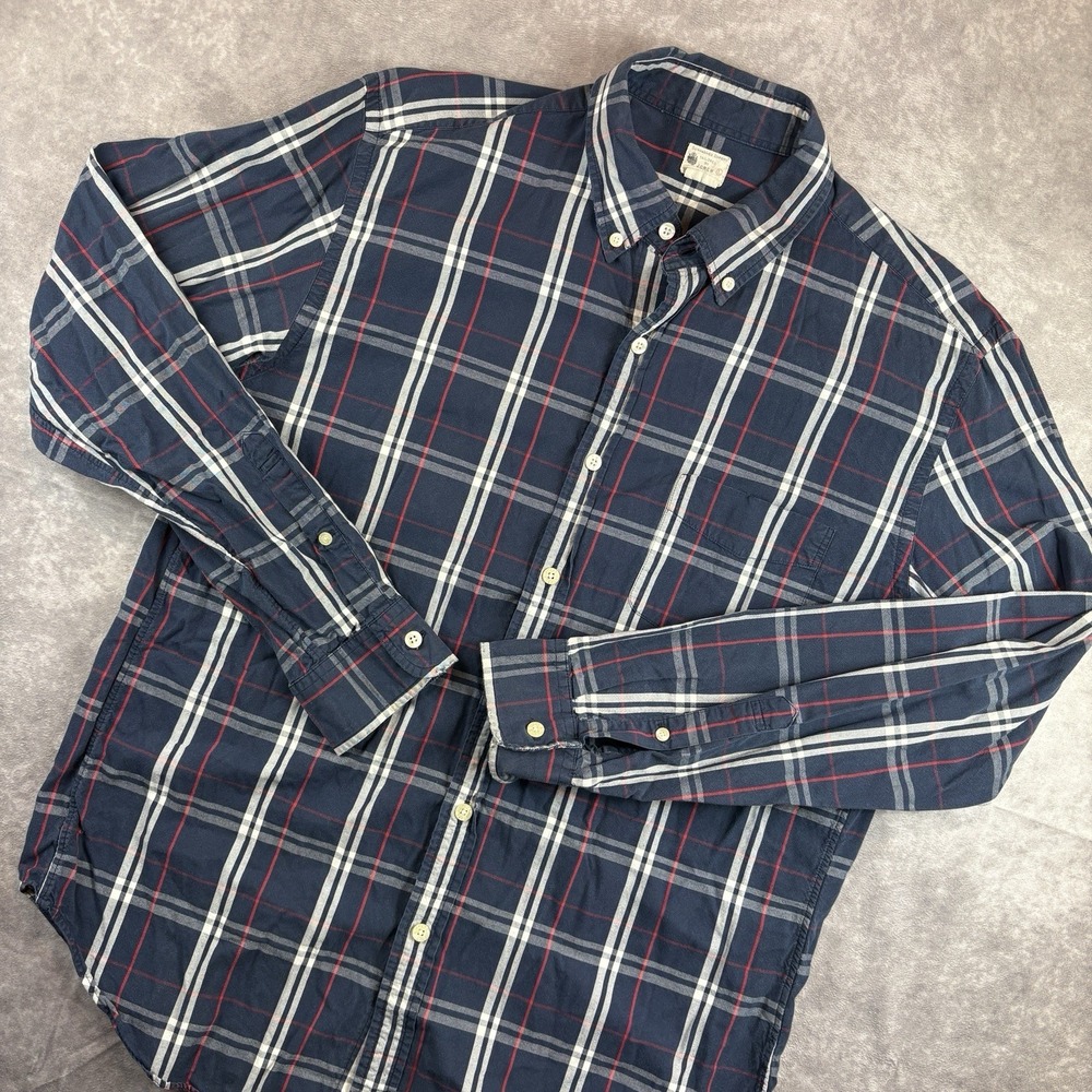 J Crew Button Down Shirt Mens L Blue Plaid Sunwashed Oxford Preppy Business